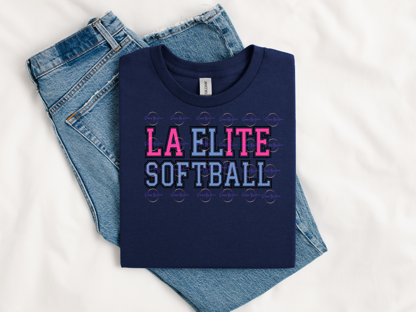 Navy blue t-shirt with 'LA Elite Softball' text on a white background
