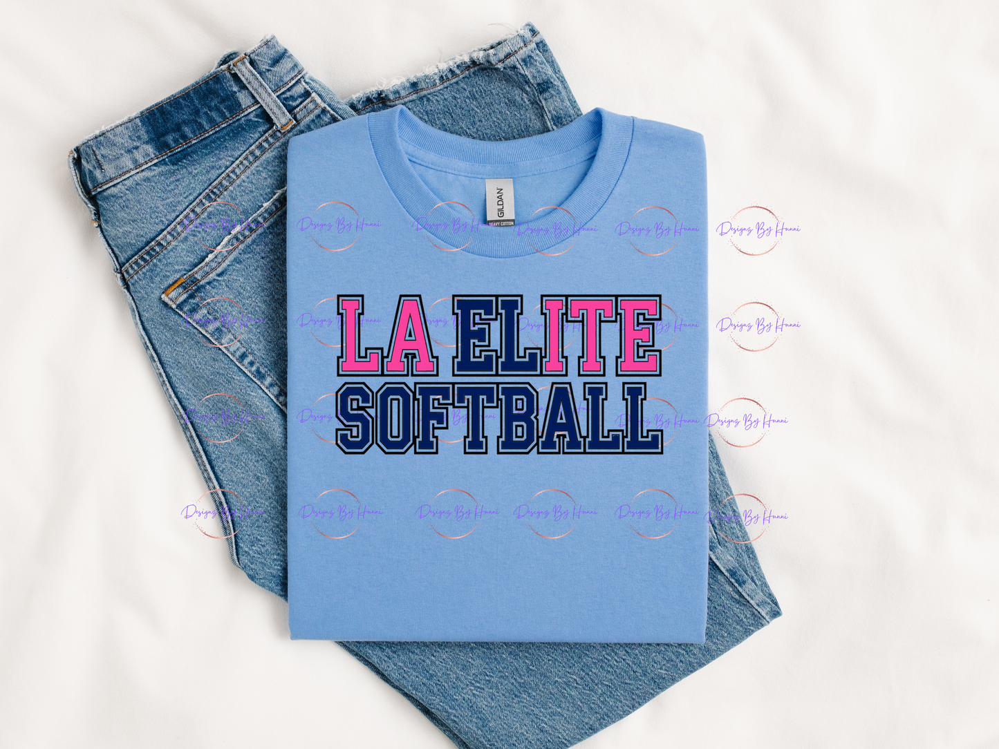 Light blue t-shirt with 'LA Elite Softball' text on a white background