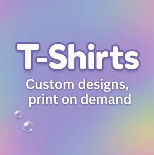 Custom t-shirts promotional graphic with gradient background and bubble accents