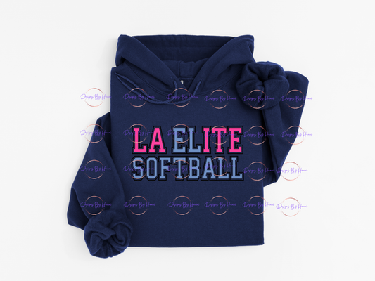 Navy blue hoodie with 'LA Elite Softball' text on a white background
